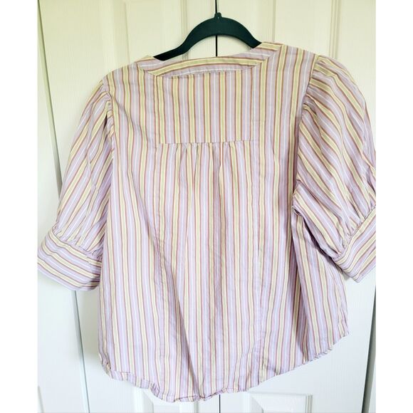 Anthropologie Maeve L Striped Blouse‎ Boho Beach Lavender Yellow SS  Cotton Blnd - Picture 6 of 7